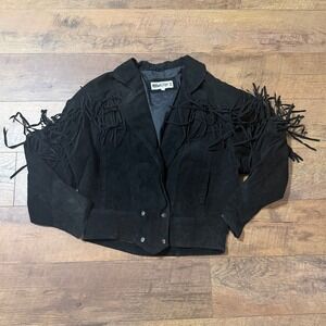 Vintage 90s fit slight crop Black Fringe Suede Jacket -